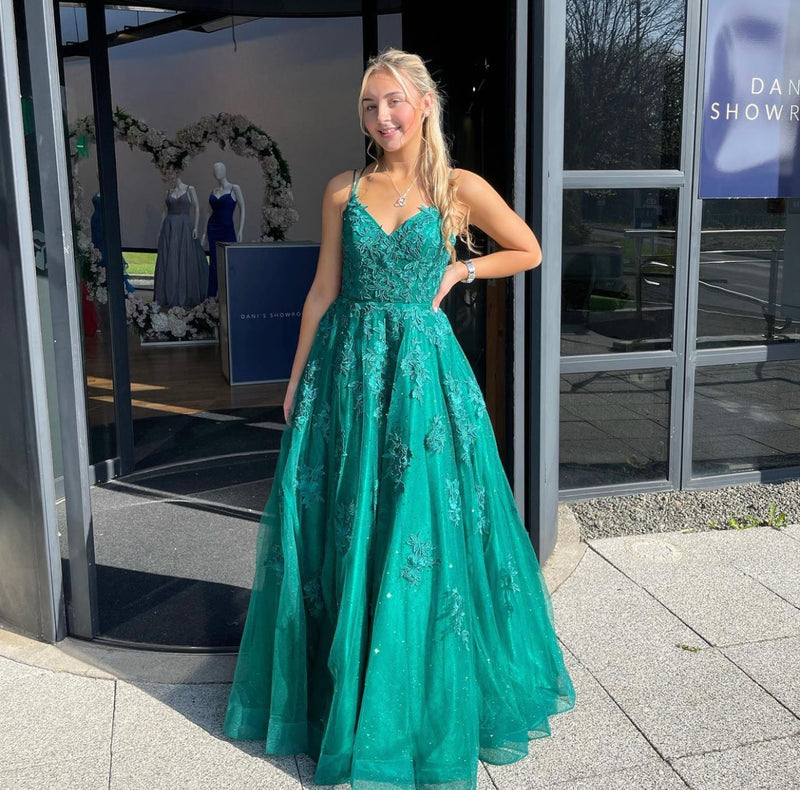 Shiny V Neck Green Prom Dresses Ball Gown Formal Dresses – Pgmdress